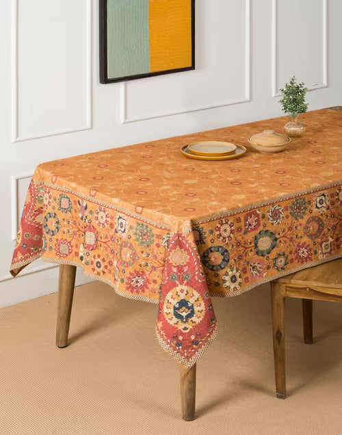 Mantel rectangular 100% algodón estampado a mano. Zahara ocre