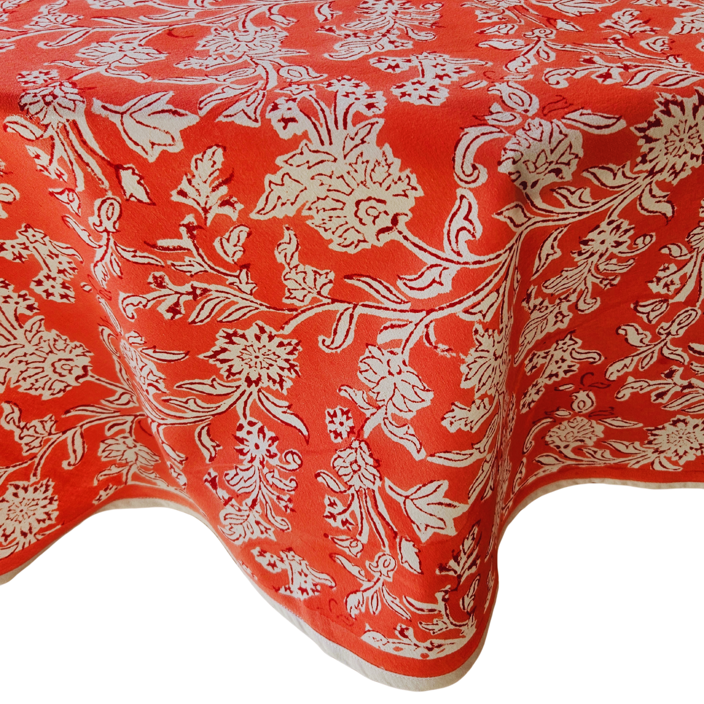 Mantel redondo 100% algodón estampado a mano. Rosa coral