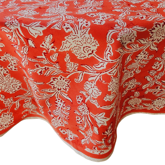 Mantel redondo 100% algodón estampado a mano. Rosa coral