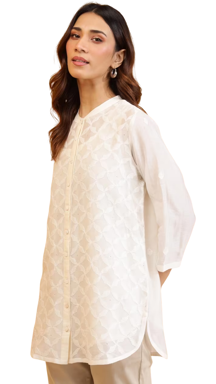 Blusa de algodón y seda con bordado chikankari. Blanca PREVENTA