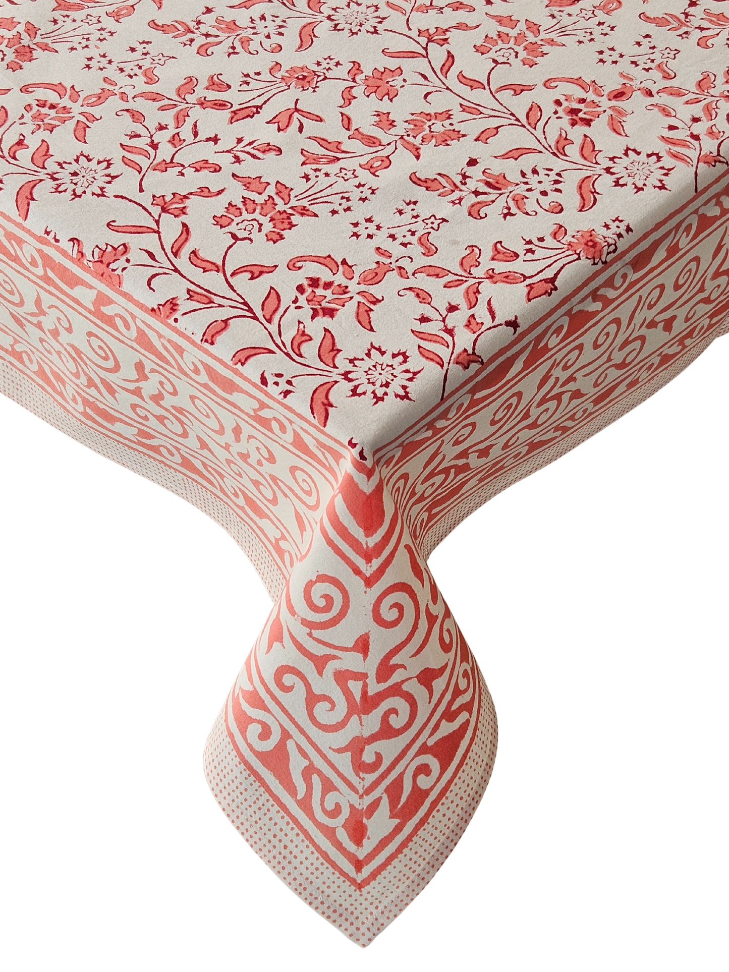 Mantel cuadrado 100% algodón estampado a mano. Rosa coral (blanco)