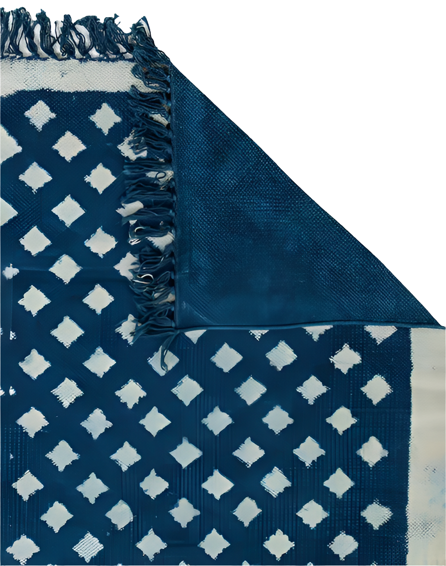 Tapete de algodón estampado a mano Dabu. Geométrico azul añil