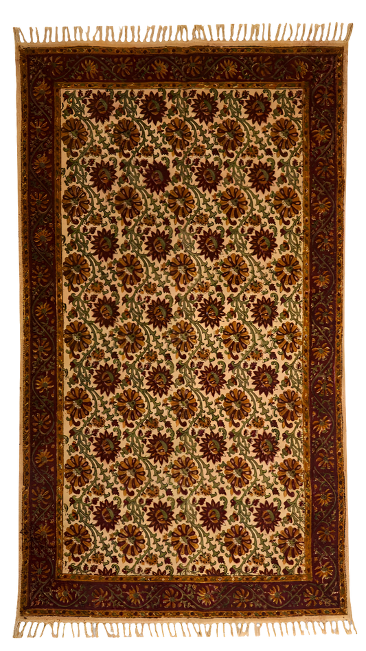 Tapete de algodón estampado a mano. Flores marrón