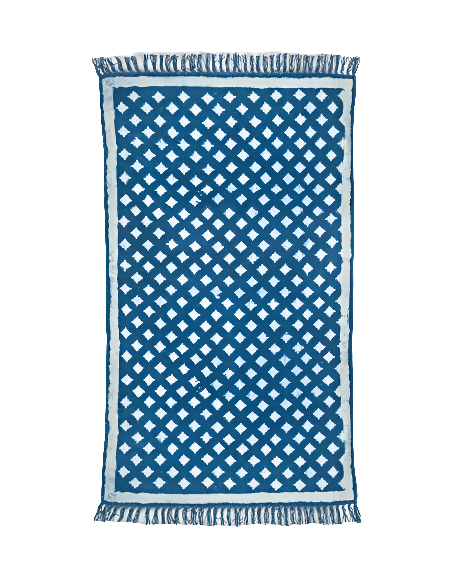 Tapete de algodón estampado a mano Dabu. Geométrico azul añil