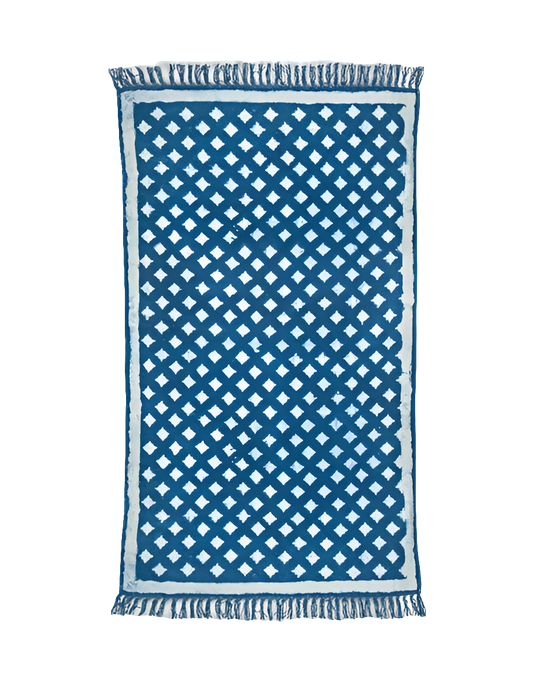 Tapete de algodón estampado a mano Dabu. Geométrico azul añil