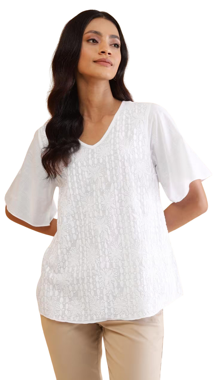 Blusa con bordado chikankari.Manga amplia. Blanca PREVENTA