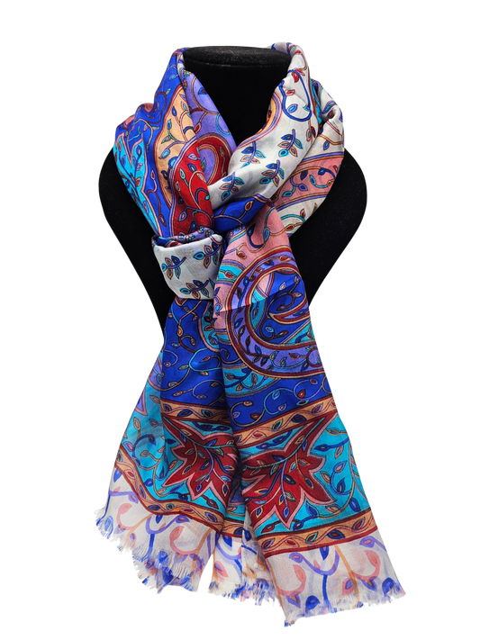 Mascada de seda estampada grande. Khani azul y rojo