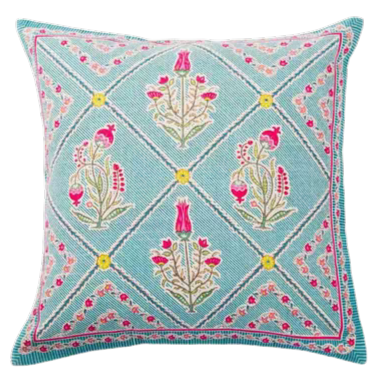 Funda de cojín de algodón estampada. Vina Jaal azul y rosa 40x40