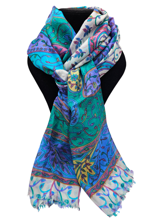 Mascada de seda estampada grande. Khani azul y turquesa