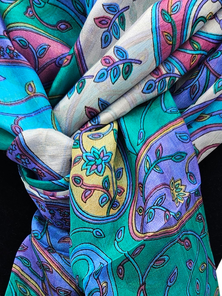 Mascada de seda estampada grande. Khani azul y turquesa