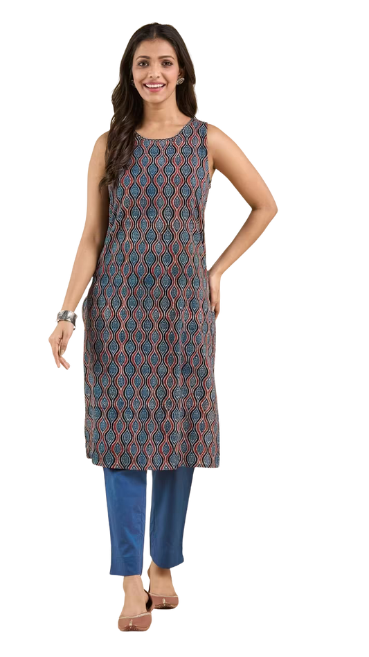 Kurta larga sin mangas Ajrakh. Índigo. Slim Fit