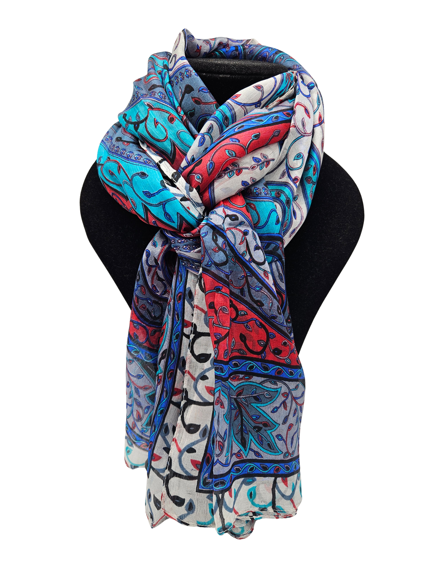 Mascada de seda estampada. Azul y rojo