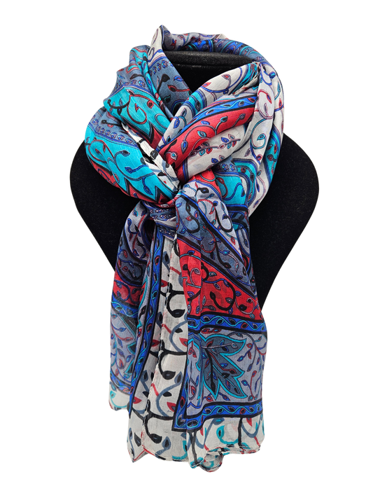 Mascada de seda estampada. Azul y rojo