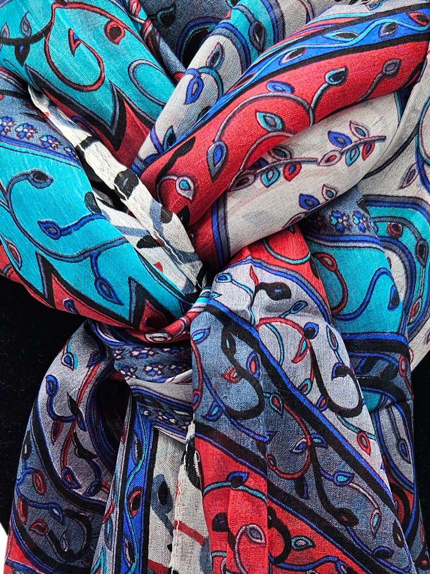 Mascada de seda estampada. Azul y rojo