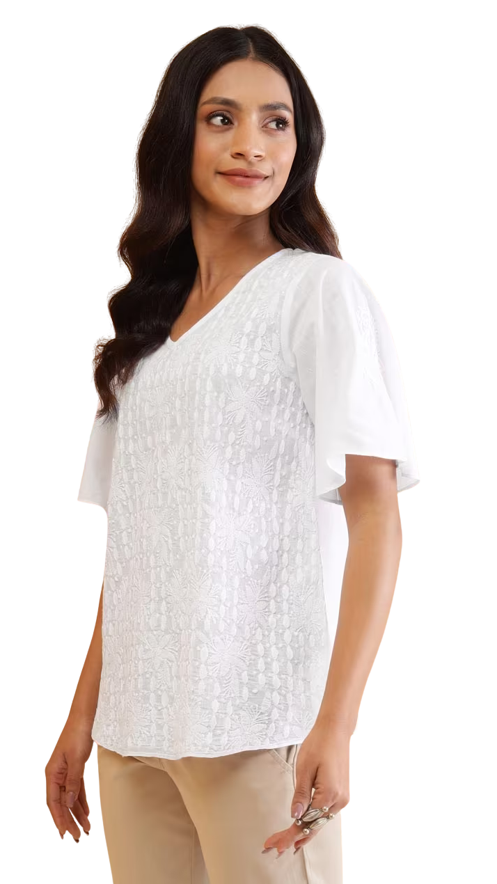 Blusa con bordado chikankari.Manga amplia. Blanca PREVENTA