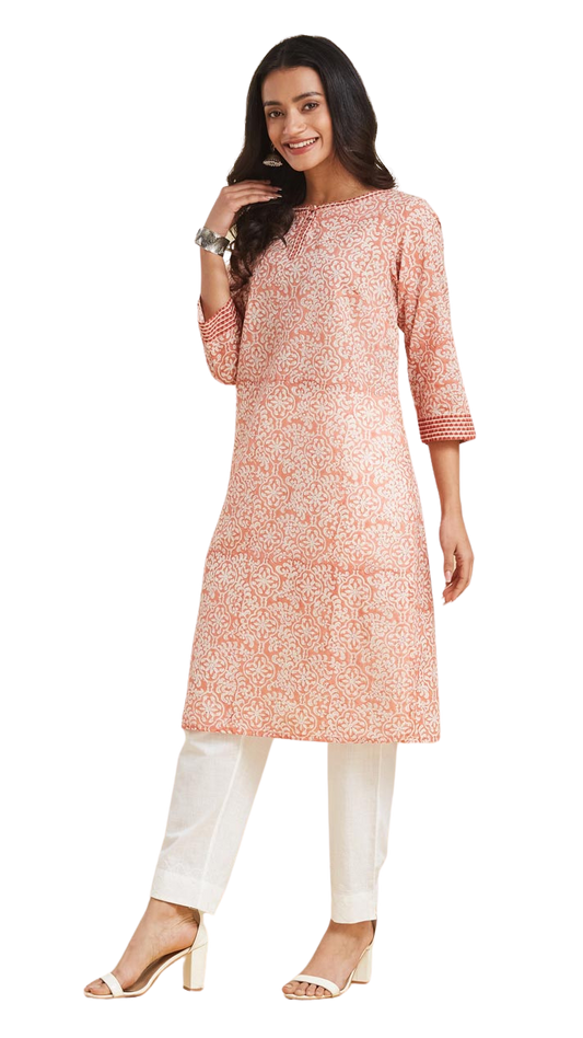 Kurta larga estampada. Durazno