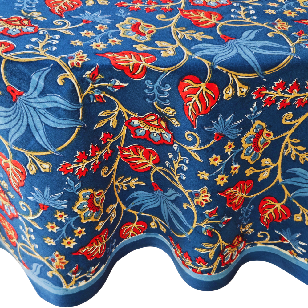 Mantel redondo 100% algodón estampado a mano. Yvy azul