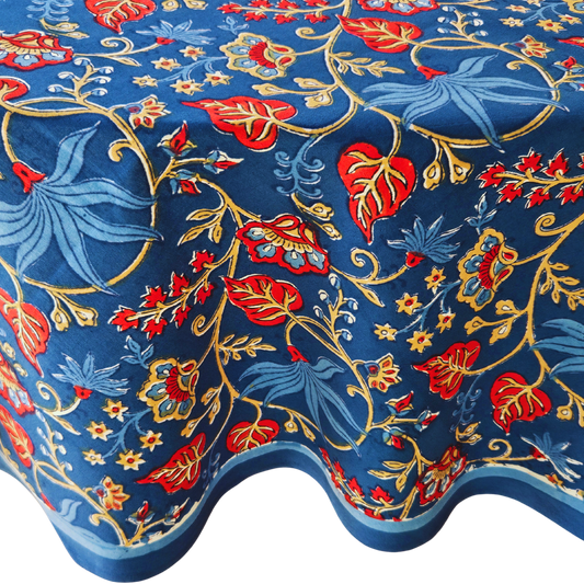 Mantel redondo 100% algodón estampado a mano. Yvy azul