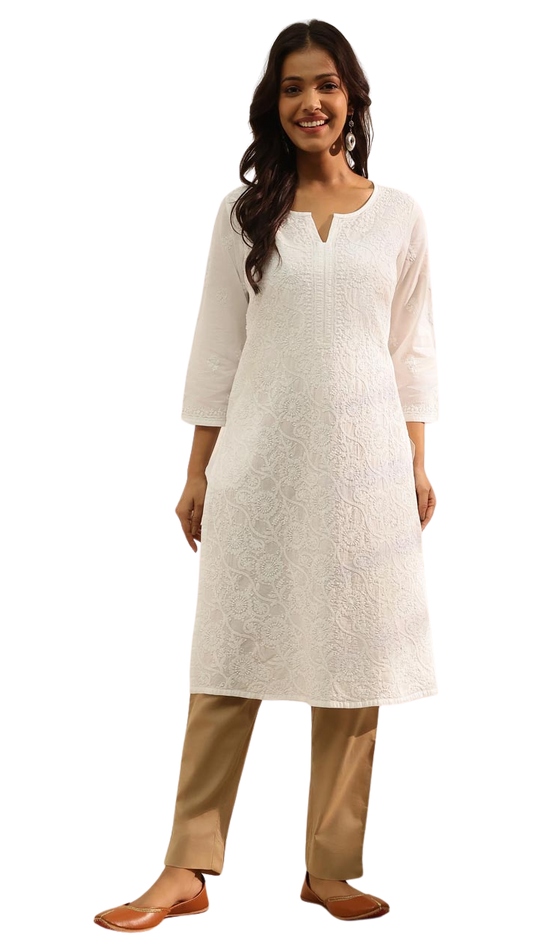 Kurta larga con bordado chikankari. Blanca