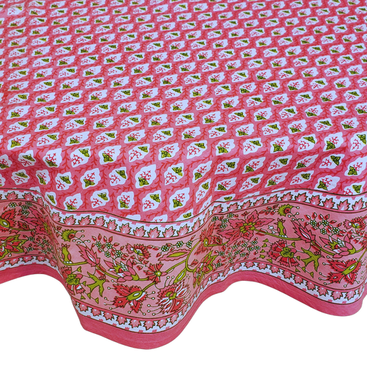 Mantel redondo 100% algodón estampado a mano. Rosa