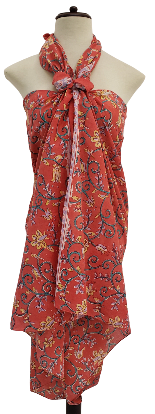 Pareo estampado a mano. Rojo indio