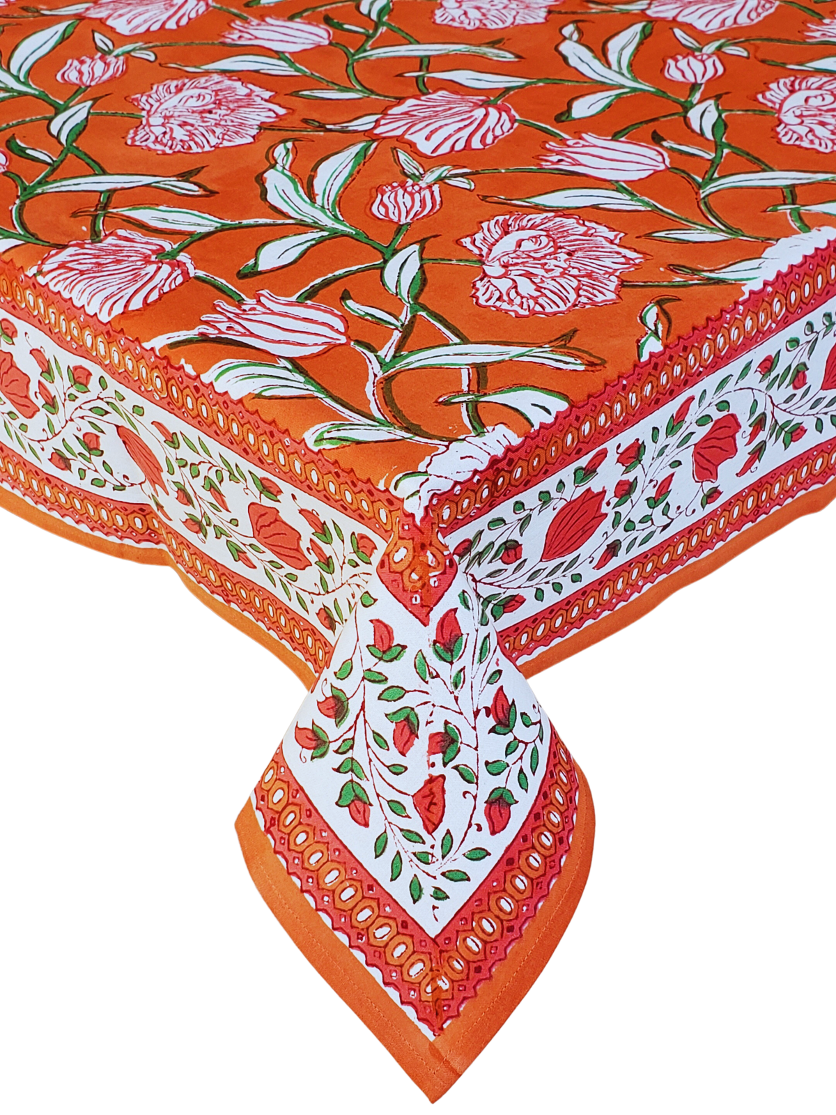Mantel rectangular 100% algodón estampado a mano. Flores con fondo naranja