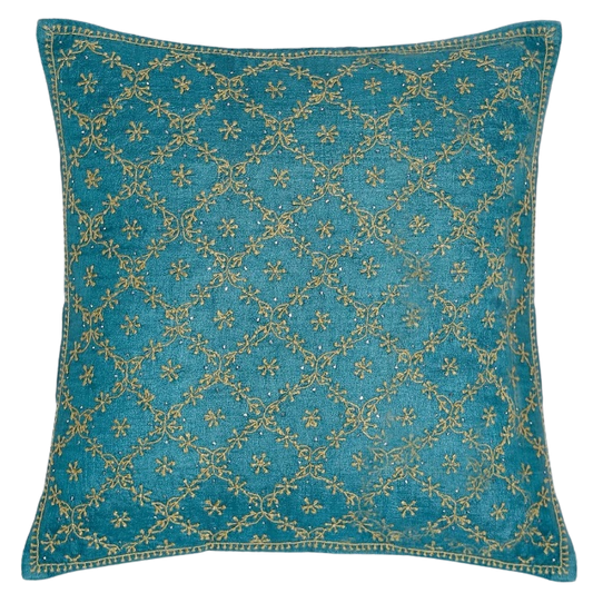 Funda de cojín. Seda y bordado chikankari. Turquesa 40x40